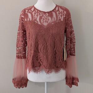 Blashe Womens Lacey Top SMALL Boho Fairy Feminine Sheer Bell Sleeve Terracotta
